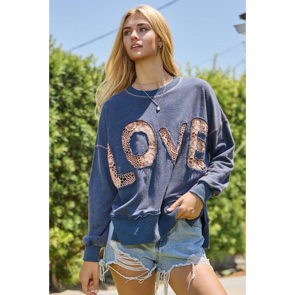Oddi Sweatshirt Size S Navy Cotton Acid Washed Lace Love Logo Crew Drop Shoulder